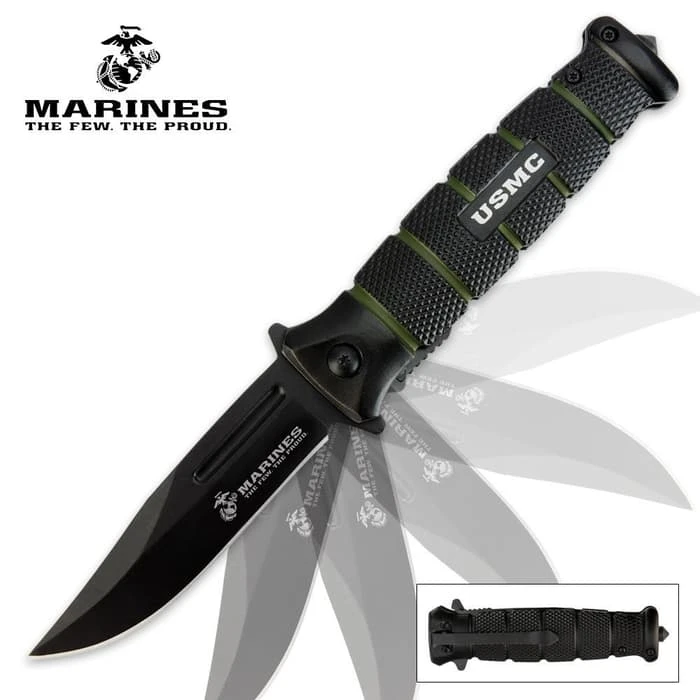 USMC Black And Green Assisted Opening Combat Pocket Knife 1 USMC Black And Green Assisted Opening Combat Pocket Knife