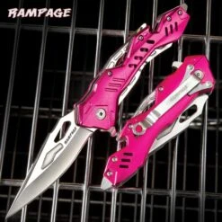 Rampage Pink Atomica Assisted Opening Pocket Knife - Stainless Steel Blade, Aluminum Handle, Bottle Opener, Pocket Clip - Closed 4 3/4”
