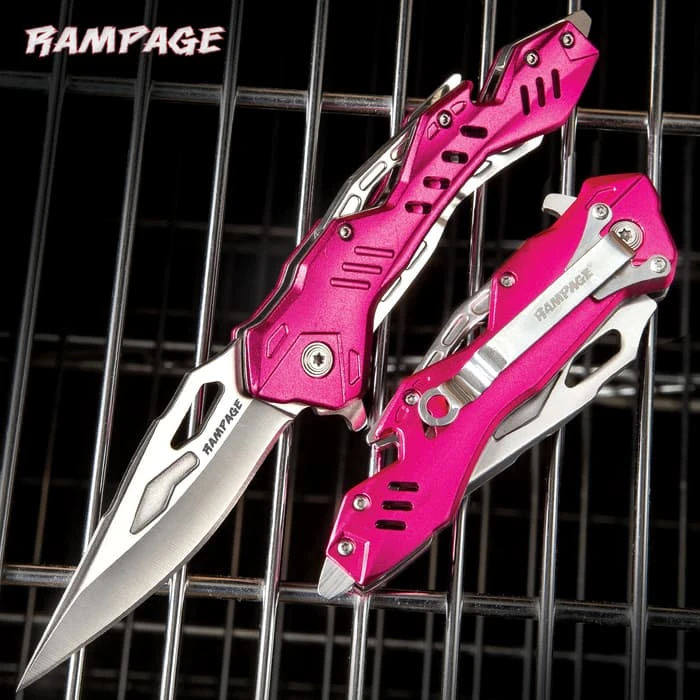 Rampage Pink Atomica Assisted Opening Pocket Knife - Stainless Steel Blade, Aluminum Handle, Bottle Opener, Pocket Clip - Closed 4 3/4” 1 Rampage Pink Atomica Assisted Opening Pocket Knife - Stainless Steel Blade, Aluminum Handle, Bottle Opener, Pocket Clip - Closed 4 3/4”