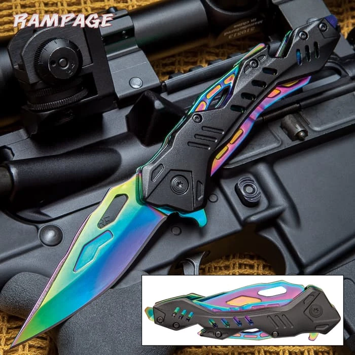 Rampage® Rainbow Atomica Assisted Opening Pocket Knife - Stainless Steel Blade, Aluminum Handle, Bottle Opener, Pocket Clip - Closed 4 3/4” 1 Rampage® Rainbow Atomica Assisted Opening Pocket Knife - Stainless Steel Blade, Aluminum Handle, Bottle Opener, Pocket Clip - Closed 4 3/4”