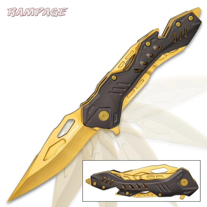 Rampage Gold Atomica Assisted Opening Pocket Knife - Stainless Steel Blade, Aluminum Handle, Bottle Opener, Pocket Clip - Closed 4 3/4” 1 Rampage Gold Atomica Assisted Opening Pocket Knife - Stainless Steel Blade, Aluminum Handle, Bottle Opener, Pocket Clip - Closed 4 3/4”