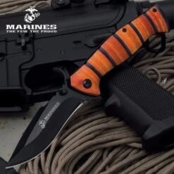 USMC Classic Marine Pocket Knife - Stainless Steel Blade, Non-Reflective, TPU Stacked Handle, 3-D Printed, Pocket Clip