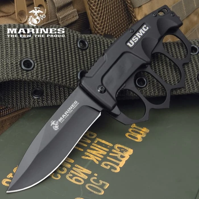 USMC Trench Folding Knuckle Knife - Stainless Steel Blade, TPU Handle, Glass Breaker Pommel, Pocket Clip - Closed 4 3/4” 1 USMC Trench Folding Knuckle Knife - Stainless Steel Blade, TPU Handle, Glass Breaker Pommel, Pocket Clip - Closed 4 3/4”