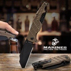 Knife Series Shop 7 USMC Brewski Pocket Knife With Bottle Opener - 3Cr13 Stainless Steel Blade, Aluminum Handle, Bottle Opener, Carabiner Clip, Screwdriver