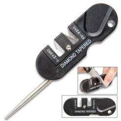 Sharpen It Up Knife Sharpener - TPU Housing, Ceramic, Tungsten Carbide, Diamond Tapered Rod, Lanyard Hole - Length 3 1/4”