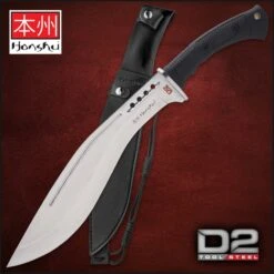 Honshu D2 Boshin Kukri And Sheath - D2 Tool Steel, Thru-Holes, Molded TPR Handle, Lanyard Hole - Length 19 5/8”