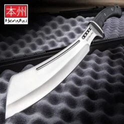 Honshu Boshin Parang With Leather Belt Sheath - 7Cr13 Stainless Steel Blade, Thru-Holes, Molded TPR Handle, Lanyard Hole - Length 19 1/2โ