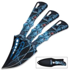 Lone Wolf Throwing Knife Set And Sheath - Stainless Steel Construction, Printed Artwork, Three Pieces - Length 7 3/4”