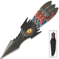 Dragon Eye Throwing Knife Set With Sheath - Three Pieces, One-Piece Stainless Steel Construction, 3D-Printed Artwork - Length 7 3/4”