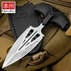 Honshu Large Covert Defense Push Dagger And Sheath - 7Cr13 Stainless Steel Blade, Molded TPR Handle - Length 5 7/8”