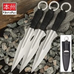 Honshu Kunai Set With Sheath - One-Piece 3Cr13 Stainless Steel Construction, Cord-Wrapped Handles, Open-Ring Pommel - Length 12โ