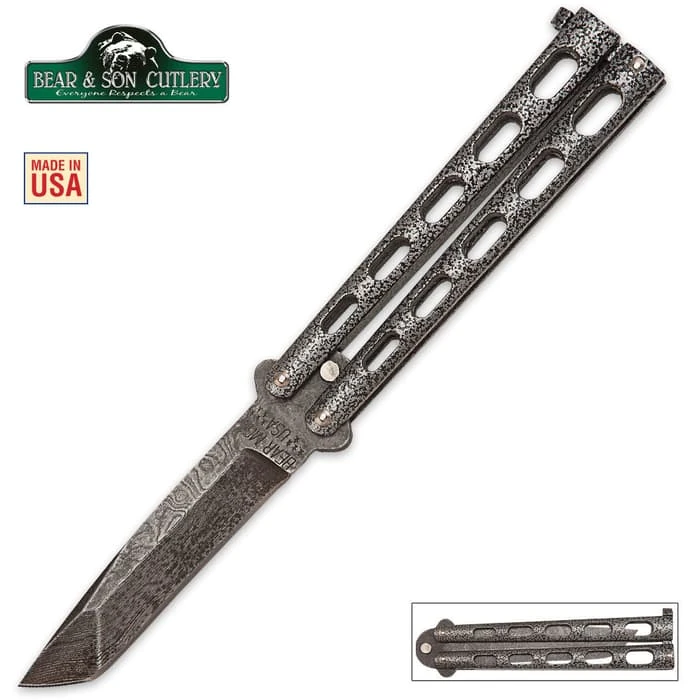 Bear & Son Butterfly Knife Damascus Tanto 1 Bear & Son Butterfly Knife Damascus Tanto