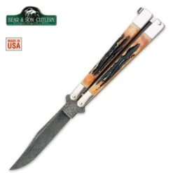 Bear India Stag Bone Butterfly Damascus Blade