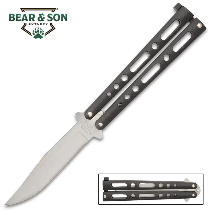 Bear & Son Black Handle Butterfly Knife - Stainless Steel Blade, Double-Tang Pin Design, Die Cast Metal Handles - 5 1/8” Closed 1 Bear & Son Black Handle Butterfly Knife - Stainless Steel Blade, Double-Tang Pin Design, Die Cast Metal Handles - 5 1/8” Closed