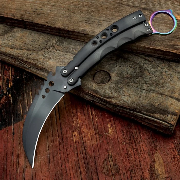 Black Hawk Karambit Butterfly Knife - Stainless Steel Blade, Stainless Steel Handle, Open-Ring Pommel - Closed 6" 1 Black Hawk Karambit Butterfly Knife - Stainless Steel Blade, Stainless Steel Handle, Open-Ring Pommel - Closed 6"