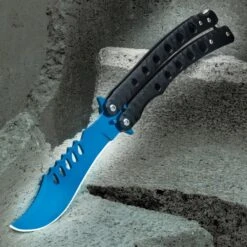 Electric Blue Butterfly Knife - Stainless Steel Blade, Stainless Steel Handle, Latch Lock - Length 9"
