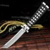 Black Samurai Butterfly Knife - Stainless Steel Tanto Blade, Aluminum Handle, Latch Lock - Length 9 3/4"