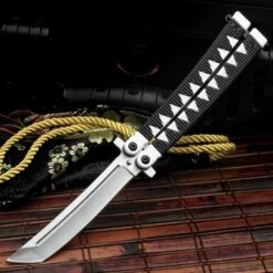 Black Samurai Butterfly Knife - Stainless Steel Tanto Blade, Aluminum Handle, Latch Lock - Length 9 3/4"