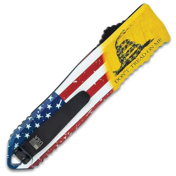 Don't Tread On Me OTF Automatic Knife And Sheath - Stainless Steel Blade, 3D-Printed Metal Handle, Pocket Clip 2 Don't Tread On Me OTF Automatic Knife And Sheath - Stainless Steel Blade, 3D-Printed Metal Handle, Pocket Clip - Image 2
