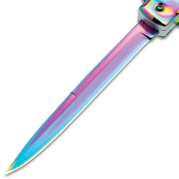 Rainbow Stiletto OTF Automatic Knife And Sheath - Stainless Steel Blade, Acrylic Handle - Length 11" 2 Rainbow Stiletto OTF Automatic Knife And Sheath - Stainless Steel Blade, Acrylic Handle - Length 11" - Image 2