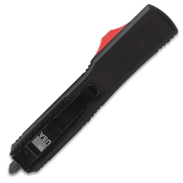 Digi-Red OTF Automatic Knife And Sheath - Stainless Steel Blade, Aluminum Handle, Pocket Clip - Length 8 3/4" 2 Digi-Red OTF Automatic Knife And Sheath - Stainless Steel Blade, Aluminum Handle, Pocket Clip - Length 8 3/4" - Image 2
