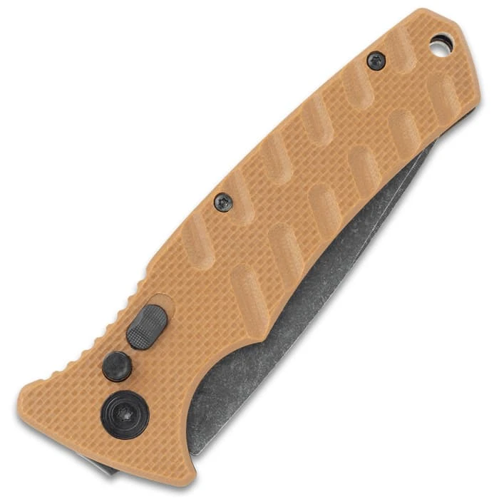Bronze Serrated Automatic Knife - Stainless Steel Blade, G10 Handle, Safety Lock, Pocket Clip - Length 8" 2 Bronze Serrated Automatic Knife - Stainless Steel Blade, G10 Handle, Safety Lock, Pocket Clip - Length 8" - Image 2