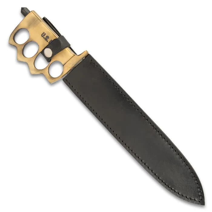 Combat Toothpick Knife And Sheath - Fire Kissed 1095 Carbon Steel Blade, Brass Knuckle Guard Handle, Distressed Finish 2 Combat Toothpick Knife And Sheath - Fire Kissed 1095 Carbon Steel Blade, Brass Knuckle Guard Handle, Distressed Finish - Image 2