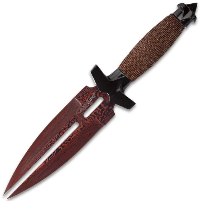 Hibben HellFyre Double Shadow Knife With Sheath - Damascus Steel Blade, Wire-Wrapped Handle, Stainless Steel Guard 2 Hibben HellFyre Double Shadow Knife With Sheath - Damascus Steel Blade, Wire-Wrapped Handle, Stainless Steel Guard - Image 2
