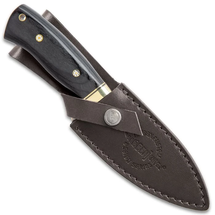 Hibben Chugach Hunter Knife With Sheath - 5Cr13 Stainless Steel Blade, Pakkawood Handle, Brass Hand Guard, Rosette Accents - Length 8 7/8” 2 Hibben Chugach Hunter Knife With Sheath - 5Cr13 Stainless Steel Blade, Pakkawood Handle, Brass Hand Guard, Rosette Accents - Length 8 7/8” - Image 2