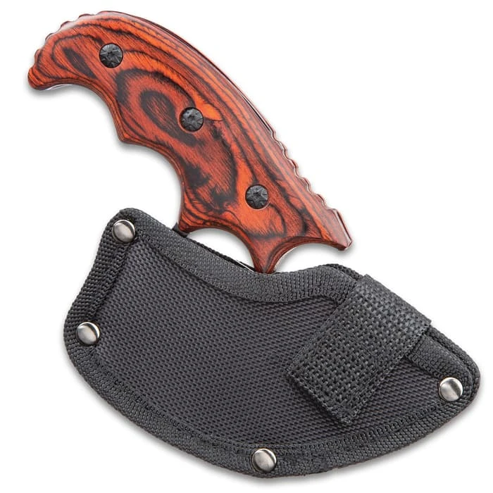 Ridge Runner Modified Ulu Knife With Sheath - Stainless Steel Blade, Full-Tang, Non-Reflective, Wooden Handle Scales - Length 6 1/2” 2 Ridge Runner Modified Ulu Knife With Sheath - Stainless Steel Blade, Full-Tang, Non-Reflective, Wooden Handle Scales - Length 6 1/2” - Image 2