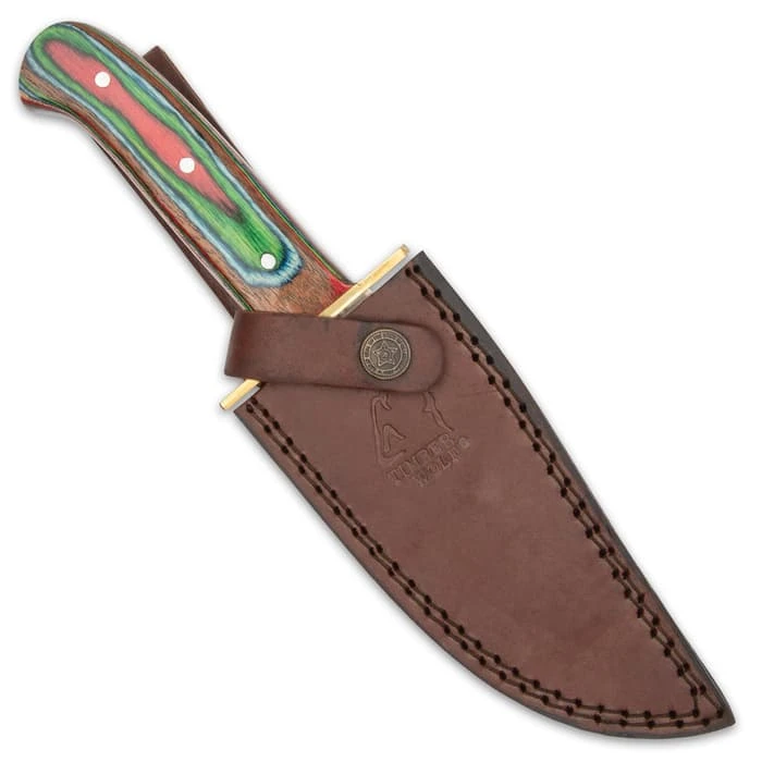 Timber Wolf Rainbow Knife And Sheath - Stainless Steel Blade, Pakkawood Handle Scales, Brass Guard - Length 10 3/4” 2 Timber Wolf Rainbow Knife And Sheath - Stainless Steel Blade, Pakkawood Handle Scales, Brass Guard - Length 10 3/4” - Image 2
