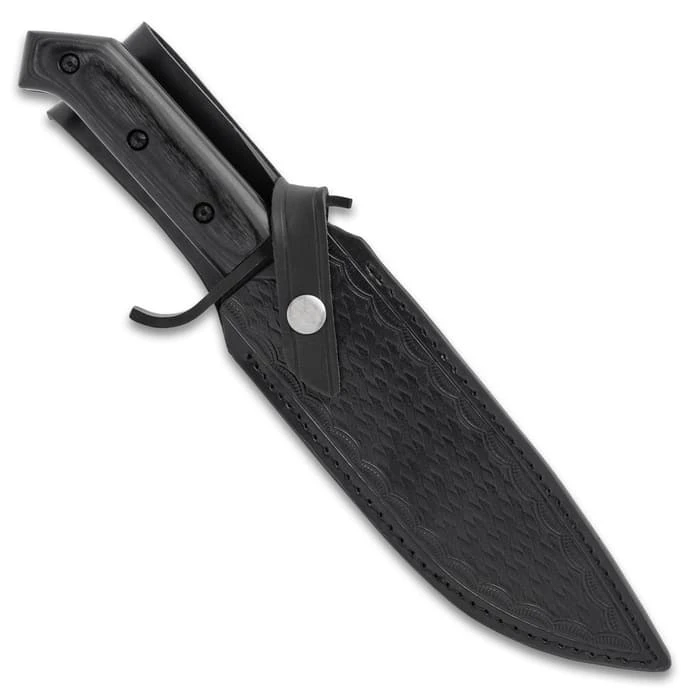 Timber Wolf Blackout Bowie Knife And Sheath - Black 3Cr13 Stainless Steel Blade, Wooden Handle Scales - Length 12 1/2” 2 Timber Wolf Blackout Bowie Knife And Sheath - Black 3Cr13 Stainless Steel Blade, Wooden Handle Scales - Length 12 1/2” - Image 2