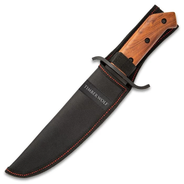 Timber Wolf ClaimStaker Bowie Knife And Sheath - 3Cr13 Stainless Steel Black Blade, Full-Tang, Wooden Handle - Length 12 1/2” 2 Timber Wolf ClaimStaker Bowie Knife And Sheath - 3Cr13 Stainless Steel Black Blade, Full-Tang, Wooden Handle - Length 12 1/2” - Image 2