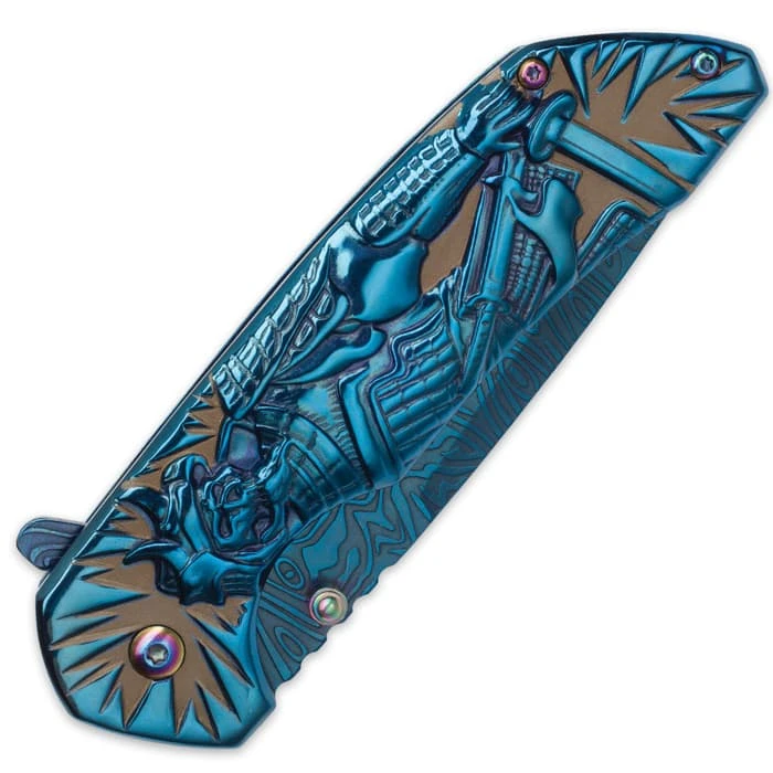 Shadow Warrior Assisted Opening Pocket Knife | DamascTec Steel Blade | Blue And Rainbow 2 Shadow Warrior Assisted Opening Pocket Knife | DamascTec Steel Blade | Blue And Rainbow - Image 2