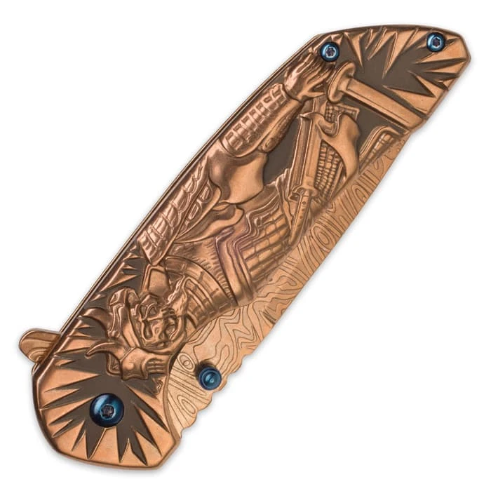 Shadow Warrior Assisted Opening Pocket Knife | DamascTec Steel Blade | Gold And Blue 2 Shadow Warrior Assisted Opening Pocket Knife | DamascTec Steel Blade | Gold And Blue - Image 2