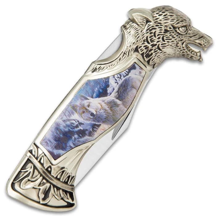 Winter Wolf Pocket Knife - 3Cr13 Stainless Steel, Sculpted Cast Metal And TPU Handle, Colorful Artwork, Liner Lock - Closed 5” 2 Winter Wolf Pocket Knife - 3Cr13 Stainless Steel, Sculpted Cast Metal And TPU Handle, Colorful Artwork, Liner Lock - Closed 5” - Image 2
