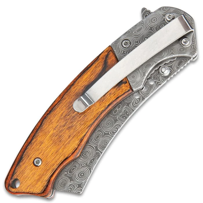 Boot Hill Razor Pocket Knife - Damascus Pattern Steel Blade, Wooden Handle Scales, Assisted Opening, Damascus Bolsters, Pocket Clip 2 Boot Hill Razor Pocket Knife - Damascus Pattern Steel Blade, Wooden Handle Scales, Assisted Opening, Damascus Bolsters, Pocket Clip - Image 2