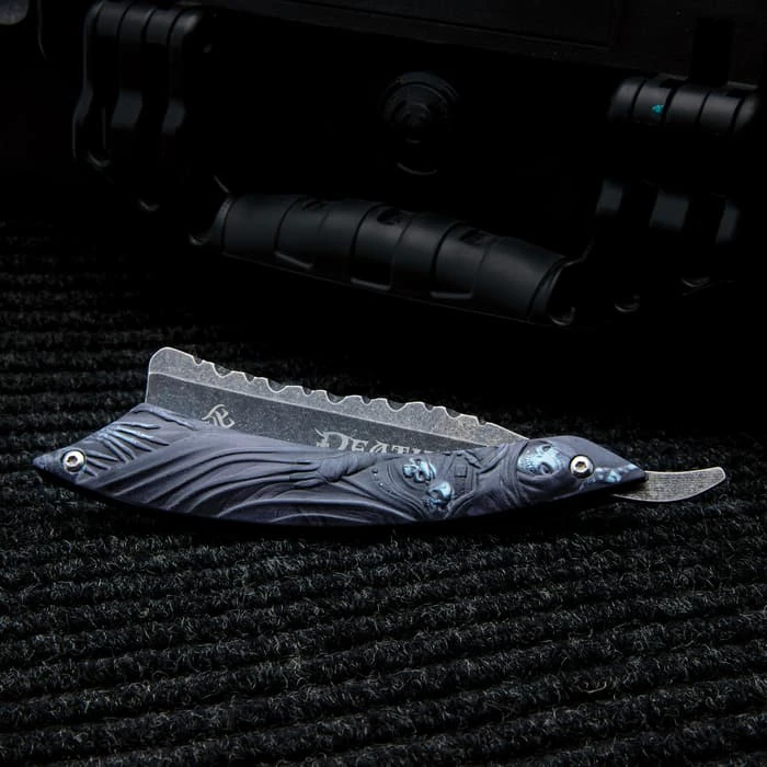 Grim Reaper Folding Razor Knife - 3Cr13 Stainless Steel Blade, Anodized Aluminum Handle, Filework - Length 9" 2 Grim Reaper Folding Razor Knife - 3Cr13 Stainless Steel Blade, Anodized Aluminum Handle, Filework - Length 9" - Image 2