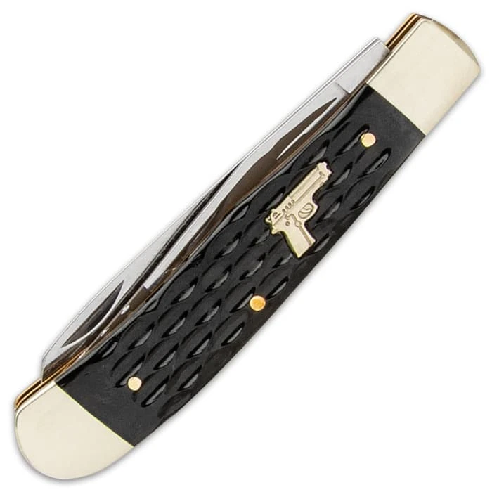 Second Amendment Trapper Pocket Knife - Stainless Steel Blades, Jigged Bone Handle, Nickel-Silver Bolsters - Closed 4” 2 Second Amendment Trapper Pocket Knife - Stainless Steel Blades, Jigged Bone Handle, Nickel-Silver Bolsters - Closed 4” - Image 2