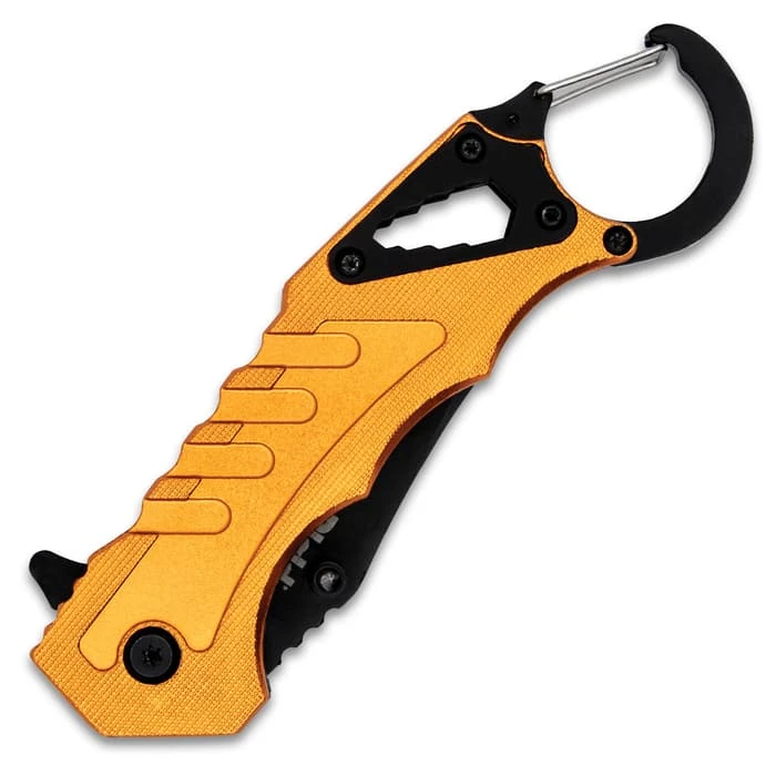 Rigid Multi-Function Knife With Carabiner Clip - 3Cr13 Stainless Steel Blade, Orange Aluminum Handle, Assisted Opening 2 Rigid Multi-Function Knife With Carabiner Clip - 3Cr13 Stainless Steel Blade, Orange Aluminum Handle, Assisted Opening - Image 2