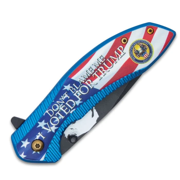 Don’t Blame Me Trump Pocket Knife - 3D Printed Stainless Steel Blade, Titanium Coated Aluminum And Wood Handle 2 Don’t Blame Me Trump Pocket Knife - 3D Printed Stainless Steel Blade, Titanium Coated Aluminum And Wood Handle - Image 2