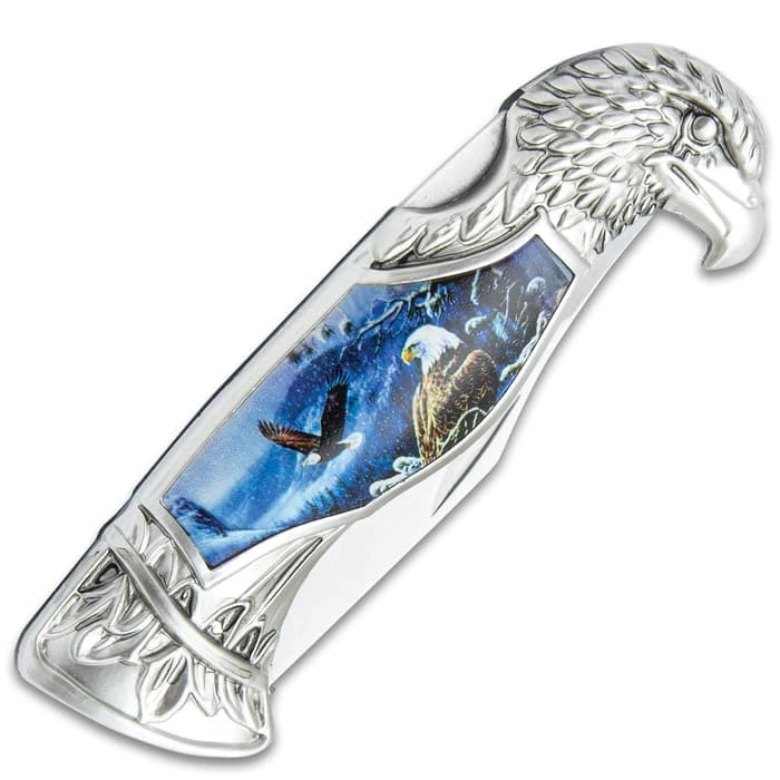Winter Eagle Pocket Knife - 3Cr13 Stainless Steel Blade, Sculpted Cast Metal And TPU Handle, Eagle Artwork - Closed 5” 2 Winter Eagle Pocket Knife - 3Cr13 Stainless Steel Blade, Sculpted Cast Metal And TPU Handle, Eagle Artwork - Closed 5” - Image 2