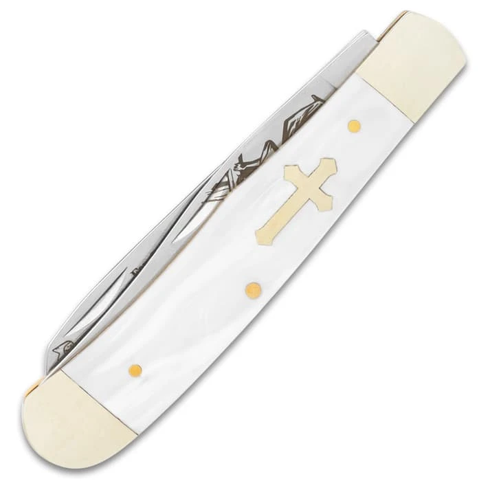 Salvation Pearl Trapper Pocket Knife - Stainless Steel Blades, Faux Pearl Handle Scales, Nickel Silver Bolsters - Closed 4” 2 Salvation Pearl Trapper Pocket Knife - Stainless Steel Blades, Faux Pearl Handle Scales, Nickel Silver Bolsters - Closed 4” - Image 2