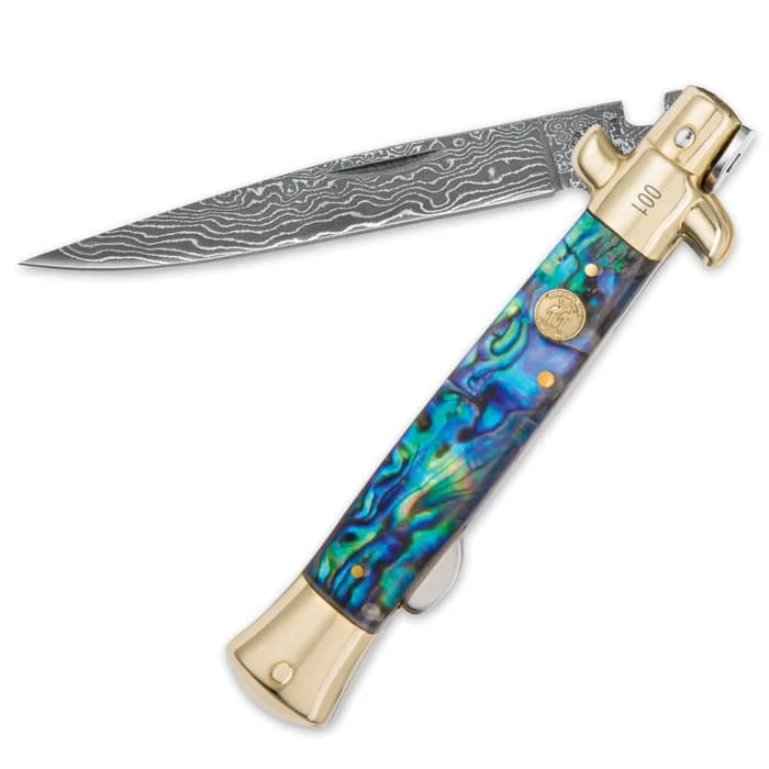Kissing Crane Genuine Abalone Damascus Stiletto Knife 2 Kissing Crane Genuine Abalone Damascus Stiletto Knife - Image 2