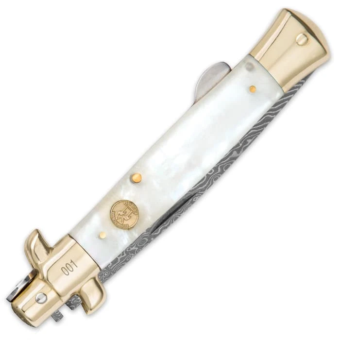 Kissing Crane Genuine Pearl Damascus Stiletto Knife 2 Kissing Crane Genuine Pearl Damascus Stiletto Knife - Image 2