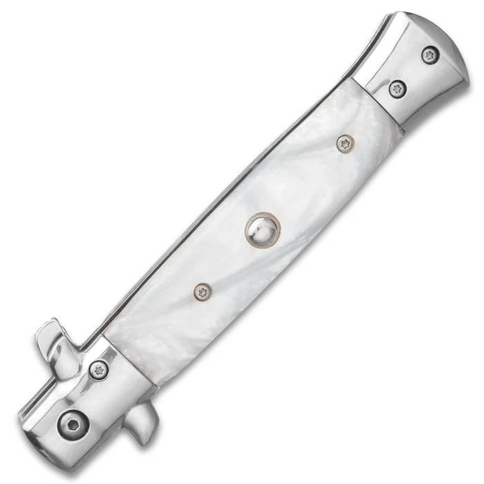 Kriegar German White Pearl Stiletto Knife - Stainless Steel Blade, Assisted Opening, Faux Pearl Handle, Stainless Bolsters And Pins 2 Kriegar German White Pearl Stiletto Knife - Stainless Steel Blade, Assisted Opening, Faux Pearl Handle, Stainless Bolsters And Pins - Image 2