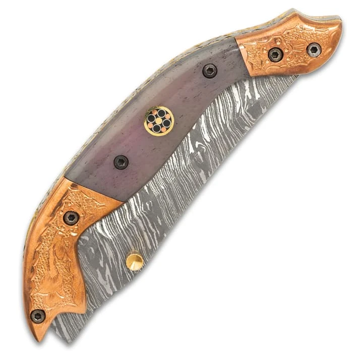 Timber Wolf Aspen Pocket Knife - Damascus Steel Blade, Bone Handle, Engraved Copper Bolsters, Fileworked Liners 2 Timber Wolf Aspen Pocket Knife - Damascus Steel Blade, Bone Handle, Engraved Copper Bolsters, Fileworked Liners - Image 2