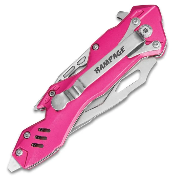 Rampage Pink Atomica Assisted Opening Pocket Knife - Stainless Steel Blade, Aluminum Handle, Bottle Opener, Pocket Clip - Closed 4 3/4” 2 Rampage Pink Atomica Assisted Opening Pocket Knife - Stainless Steel Blade, Aluminum Handle, Bottle Opener, Pocket Clip - Closed 4 3/4” - Image 2
