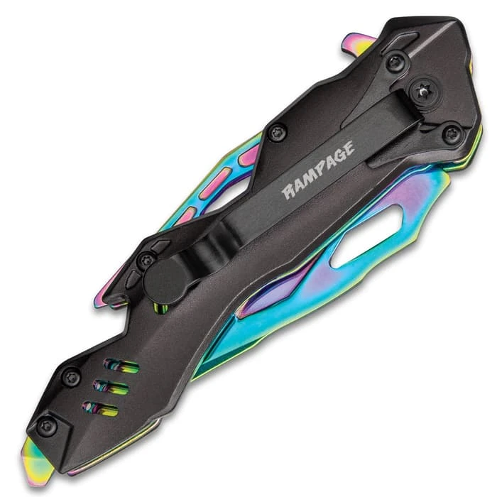 Rampage® Rainbow Atomica Assisted Opening Pocket Knife - Stainless Steel Blade, Aluminum Handle, Bottle Opener, Pocket Clip - Closed 4 3/4” 2 Rampage® Rainbow Atomica Assisted Opening Pocket Knife - Stainless Steel Blade, Aluminum Handle, Bottle Opener, Pocket Clip - Closed 4 3/4” - Image 2