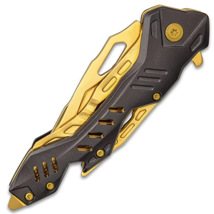 Rampage Gold Atomica Assisted Opening Pocket Knife - Stainless Steel Blade, Aluminum Handle, Bottle Opener, Pocket Clip - Closed 4 3/4” 2 Rampage Gold Atomica Assisted Opening Pocket Knife - Stainless Steel Blade, Aluminum Handle, Bottle Opener, Pocket Clip - Closed 4 3/4” - Image 2